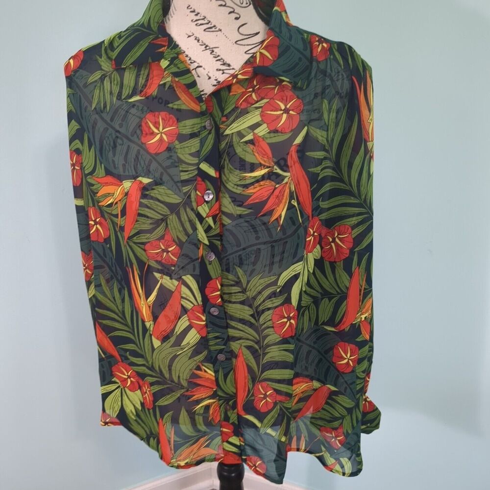 Molly Bracket Button Down Shirt Green Red Paradise Print Puff Sleeves xs
